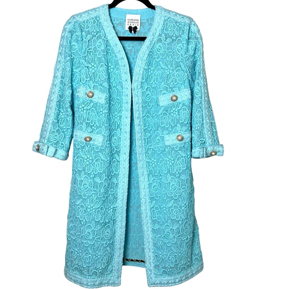 Edward Achour Paris Floral Lace Oversized Gown Coat Aqua Blue